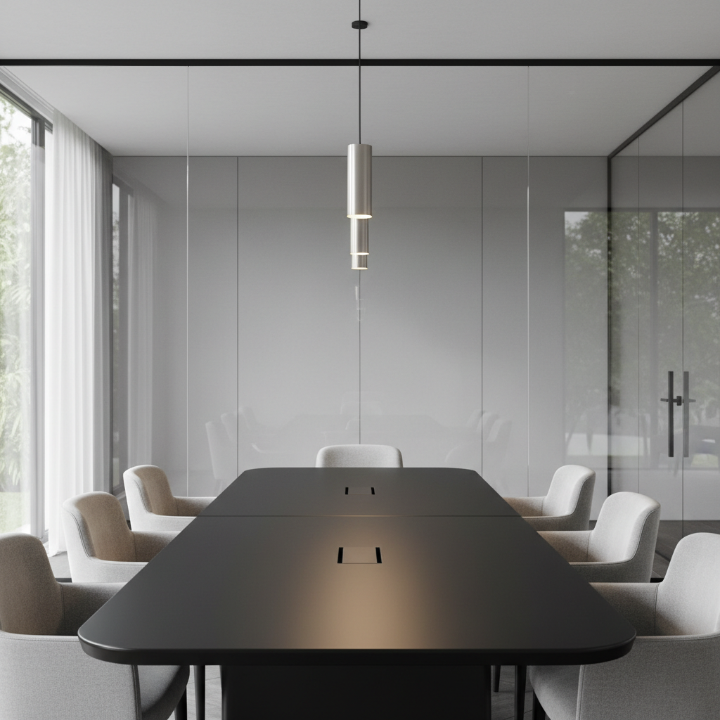 A serene meeting room enclosed by floor-to-ceiling glass, featuring an elongated matte black conference table with subtly beveled edges and understated, upholstered chairs in pale gray wool. The space is anchored by a feature wall in soft dove gray, and the room is bathed in softly filtered daylight that creates nuanced gradients on the surfaces. Minimalist pendant lighting above the table adds an elegant touch. Captured at an eye-level view with centered symmetry, the composition enhances the space’s refined order. The atmosphere is poised and contemplative, rendered in a photographic, minimalist style to reflect the premium, collaborative identity of the coworking space.