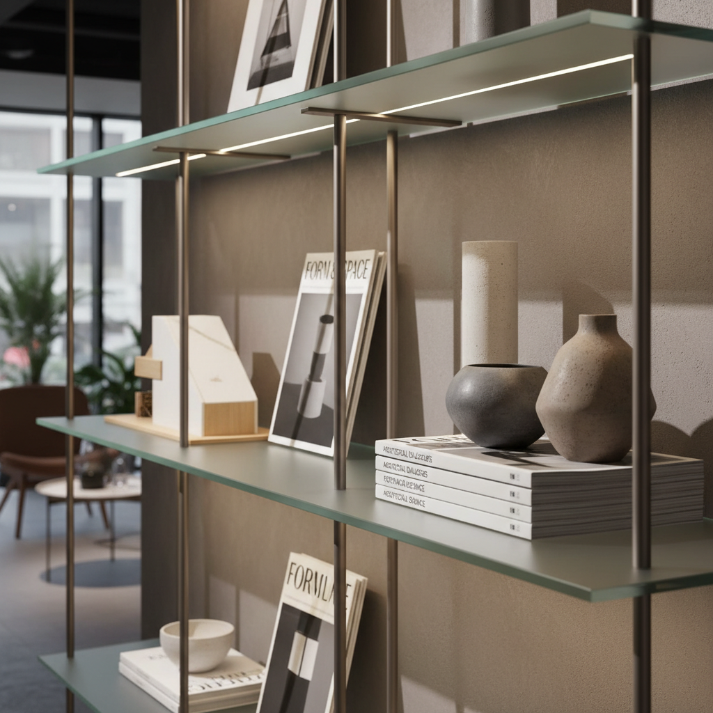 A detail-oriented close-up of an elegant shelving display within the showroom: matte glass shelves hold a small collection of architectural models, design magazines, and monochrome ceramic vases, all accentuated by a muted, warm gray backdrop. Ambient recessed lighting creates a subtle play of light and shadow, highlighting the textures of raw ceramics and the soft sheen of glass. Captured from a side angle, with shallow depth of field to emphasize the layered arrangement, the image creates a luxurious yet understated visual narrative. The mood is focused and quietly inspiring, fitting a sophisticated, design-centric coworking hub with a photographic, minimalist approach.