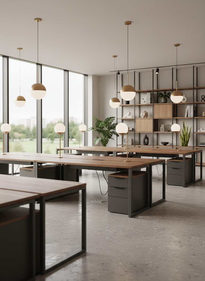 A meticulously arranged coworking open space featuring elegant, matte-finish wood desks with minimalist metal accents and refined cable management. Each desk is positioned beneath custom, softly glowing pendant lamps, resulting in a calm, ambient spread of light. Floor-to-ceiling windows line one side, allowing gentle natural daylight to flow across neutral-toned walls and subtle concrete flooring. In the background, muted shelving hosts curated design objects and potted plants. Photographed from an eye-level, wide-angle view with focus on the sophisticated layout, clean lines, and ample space, the overall atmosphere exudes serenity and understated inspiration. The image style is photographic realism with a minimalist, modern aesthetic, perfectly suited for a premium coworking business.