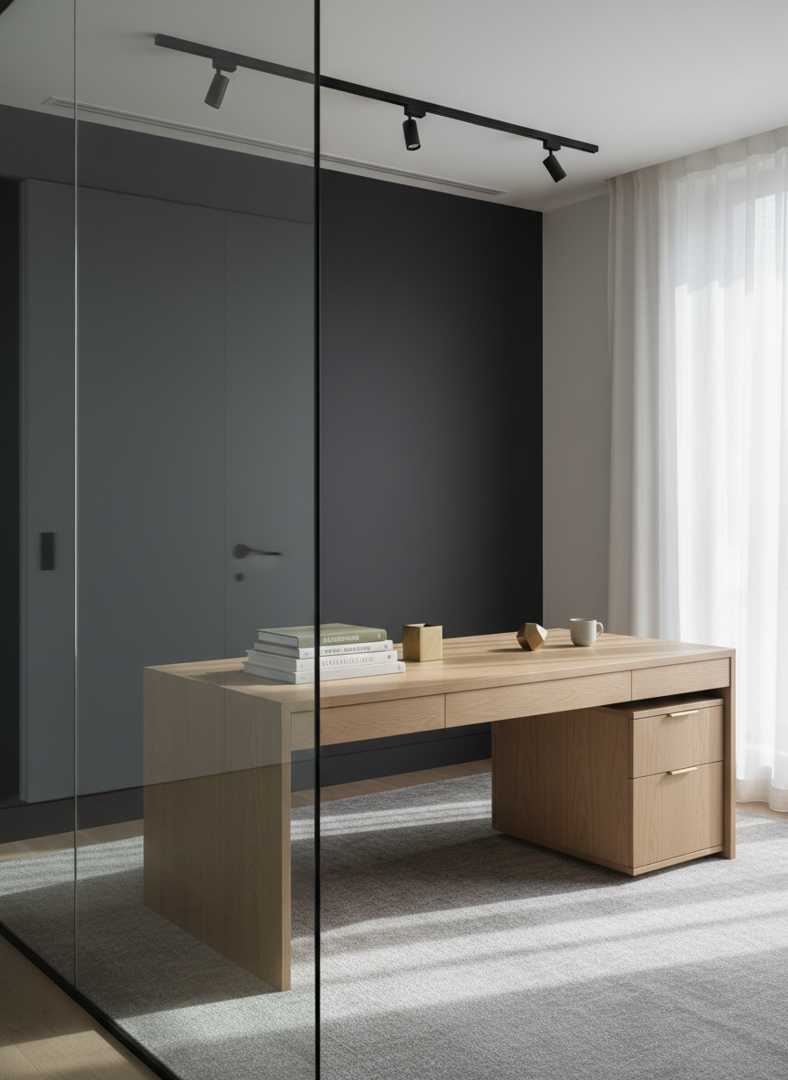 A private office suite with a sleek glass partition and deep charcoal accent wall, featuring a low-profile oak desk with brushed brass hardware and an artfully arranged set of design books. The workspace is illuminated by diffused afternoon sunlight cascading through a sheer window treatment, creating gentle gradients on the matte surfaces. Subtle track lights add further refinement, casting crisp, soft-edged shadows around the workspace. Captured from a slightly elevated angle, the composition uses asymmetrical balance with the desk set off-center for visual interest. The mood is focused, exclusive, and elegantly tranquil, in a photographic, minimalist style that aligns with a premium, design-forward business identity.