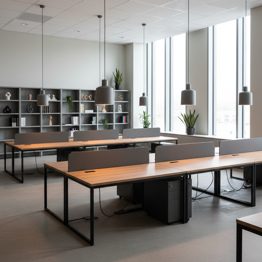 A meticulously arranged coworking open space featuring elegant, matte-finish wood desks with minimalist metal accents and refined cable management. Each desk is positioned beneath custom, softly glowing pendant lamps, resulting in a calm, ambient spread of light. Floor-to-ceiling windows line one side, allowing gentle natural daylight to flow across neutral-toned walls and subtle concrete flooring. In the background, muted shelving hosts curated design objects and potted plants. Photographed from an eye-level, wide-angle view with focus on the sophisticated layout, clean lines, and ample space, the overall atmosphere exudes serenity and understated inspiration. The image style is photographic realism with a minimalist, modern aesthetic, perfectly suited for a premium coworking business.